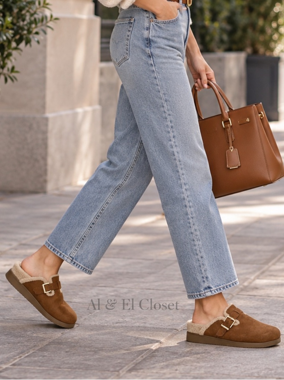 Women’s Audream Cognac Faux Suede Buckle Faux Fur Clogs Mules Size 10 NIB